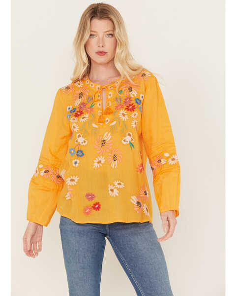 Johnny Was Women's Marissa Floral Embroidered Long Sleeve Pintuck Blouse , Gold, hi-res