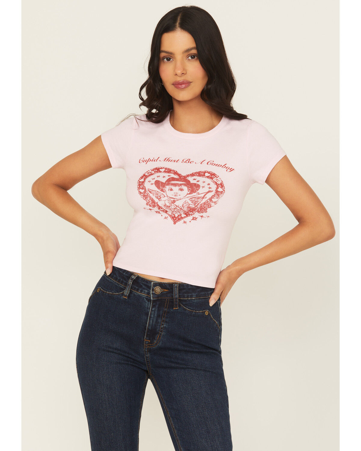 Image #1 - Originality Women's Cupid Cowboy Short Sleeve Baby Graphic Tee, Pink, hi-res