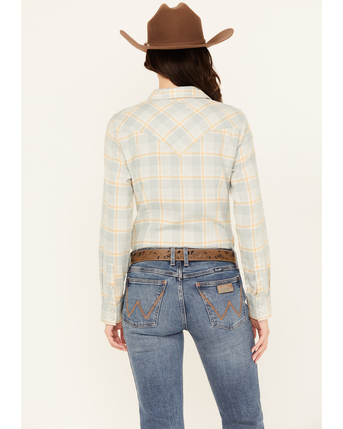 Image #4 - Wrangler Retro Women's Boot Barn Exclusive Plaid Print Long Sleeve Pearl Snap Western Shirt, Light Blue, hi-res