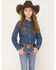 Image #1 - Wrangler Girls' Embroidered Denim Long Sleeve Pearl Snap Western Shirt, Blue, hi-res