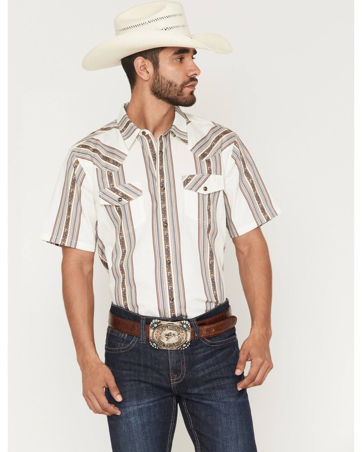 Cody James Men's Atticus Stripe Print Short Sleeve Snap Western Shirt, White, hi-res