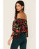 Image #4 - Angie Women's Black & Red Rose Floral Print Long Bell Sleeve Crop Top, , hi-res