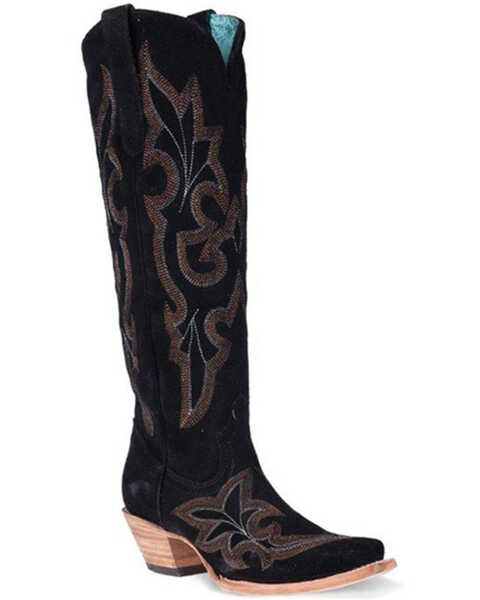 Corral Women's Suede Embroidered Tall Western Boots - Snip Toe , Black, hi-res