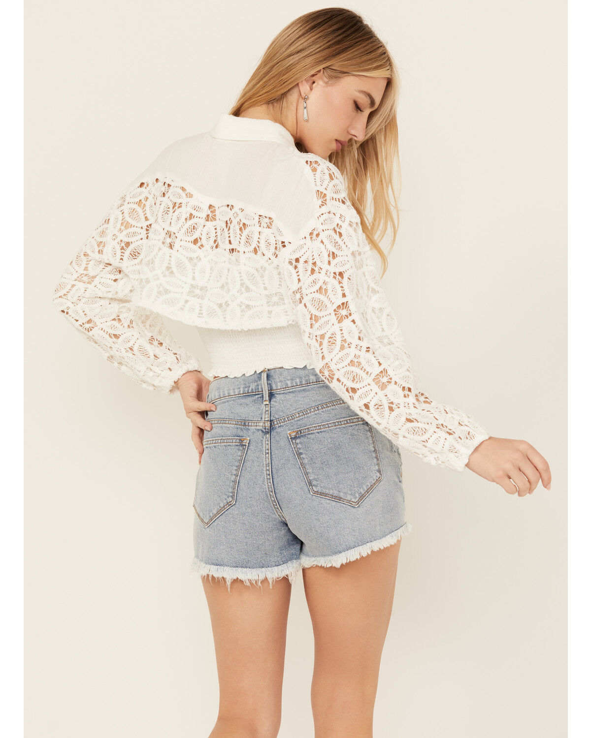 Image #4 - Miss Me Women's Lace Long Sleeve Button-Down Shirt, White, hi-res
