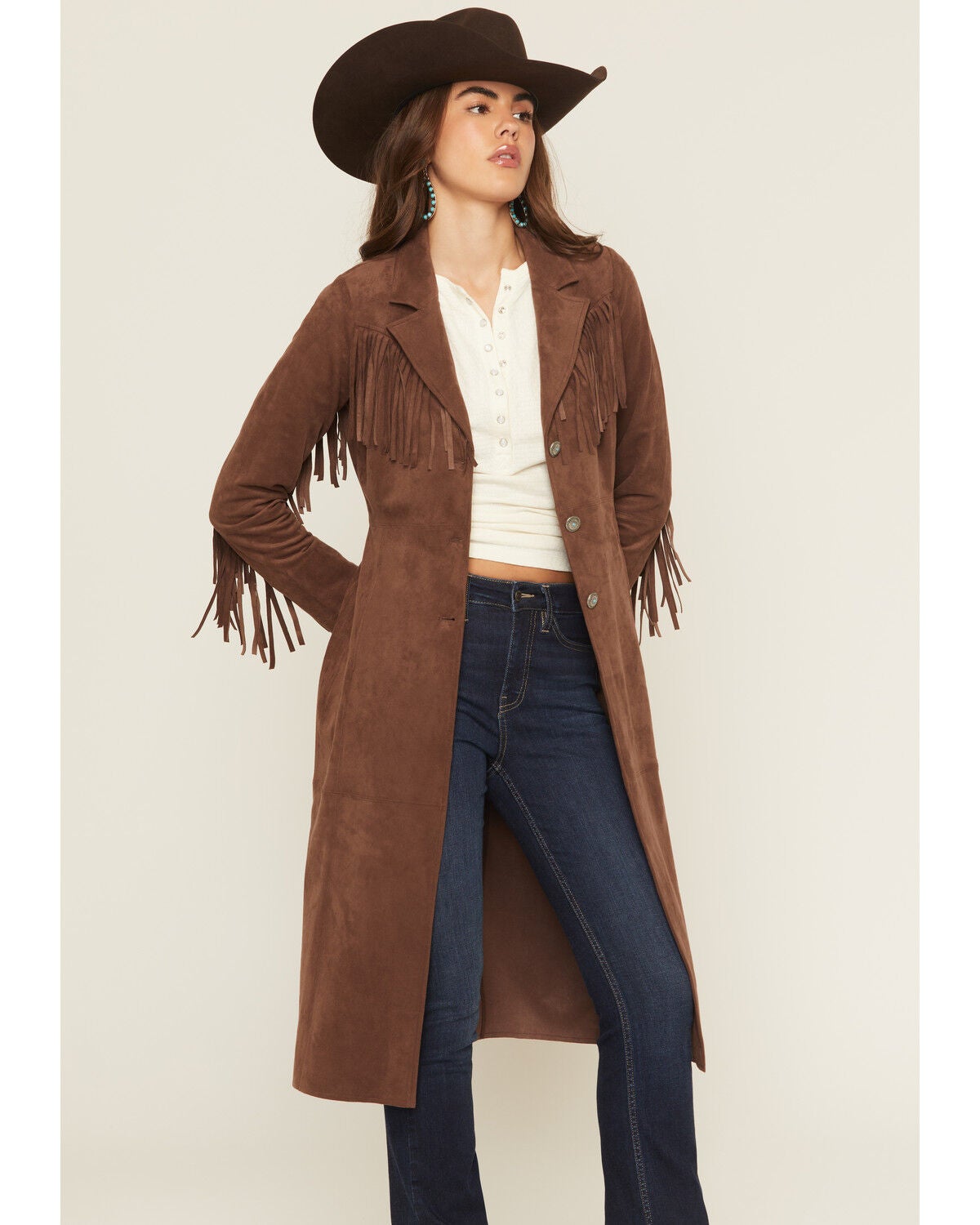 Shyanne Women's Faux Suede Fringe Trench Coat, Brown, hi-res