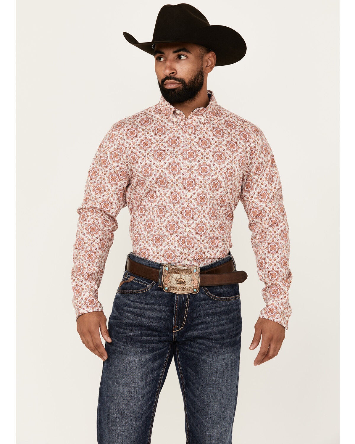 Cody James Men's Lucky One Medallion Print Long Sleeve Button-Down Stretch Western Shirt, Burgundy, hi-res