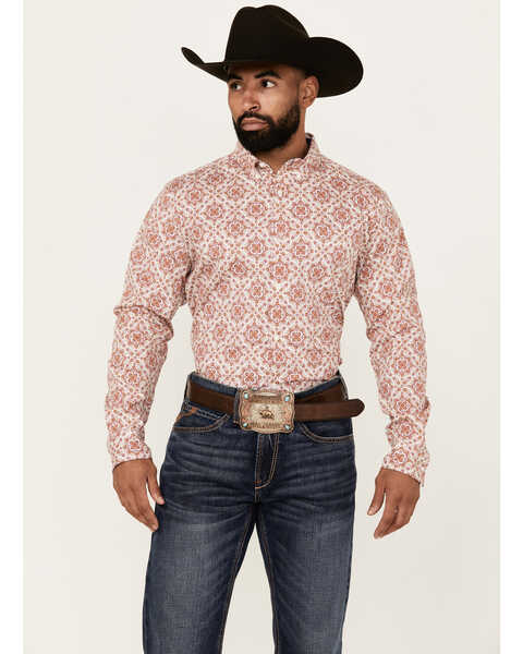 Cody James Men's Lucky One Medallion Print Long Sleeve Button-Down Stretch Western Shirt , Burgundy, hi-res