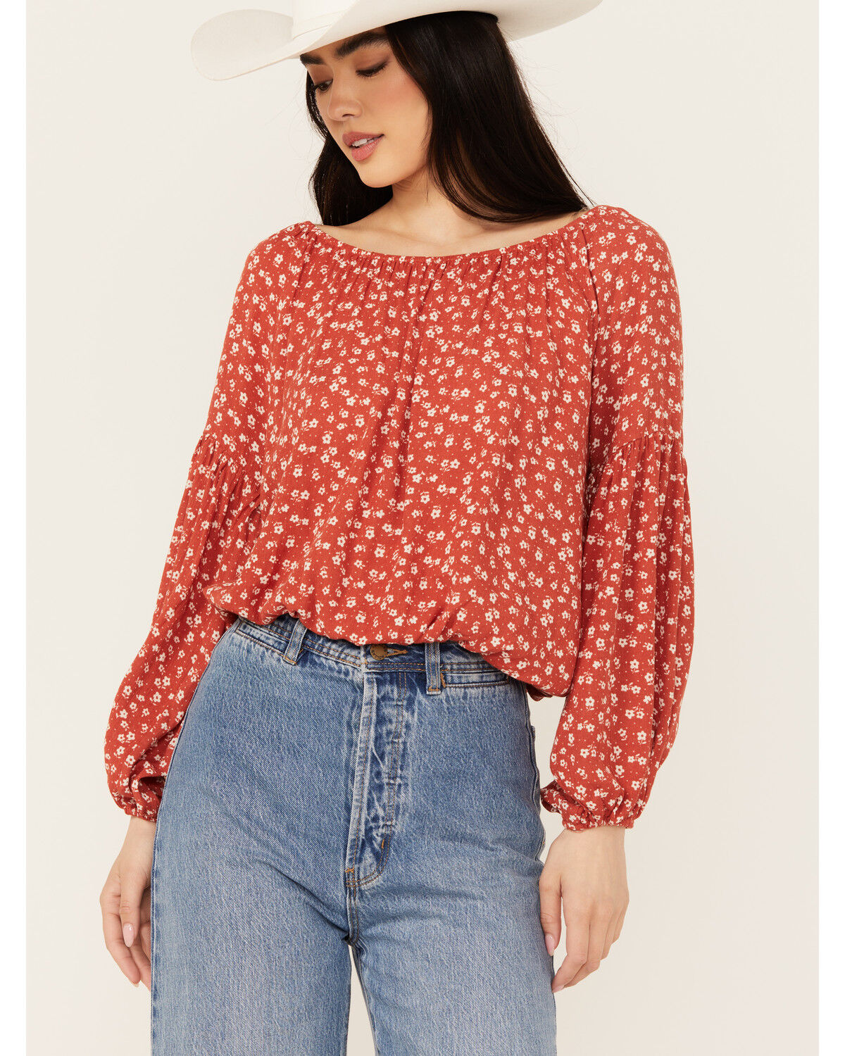 Image #1 - Wild Moss Women's Ditzy Floral Print Long Sleeve Shirt, Rust Copper, hi-res