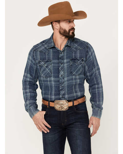 Wrangler Retro Men's Plaid Long Sleeve Western Snap Shirt, Indigo, hi-res