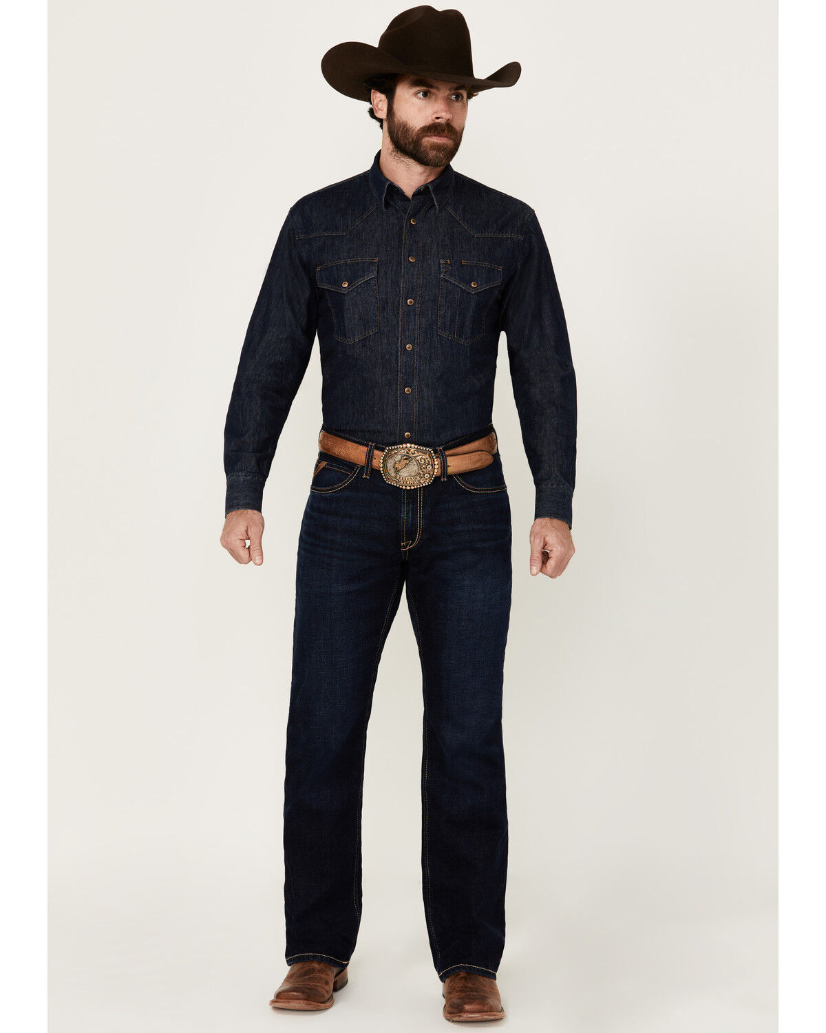 Image #1 - Ariat Men's M4 Wildfire Ranchford Dark Wash Relaxed Bootcut Stretch Denim Jeans, Dark Wash, hi-res