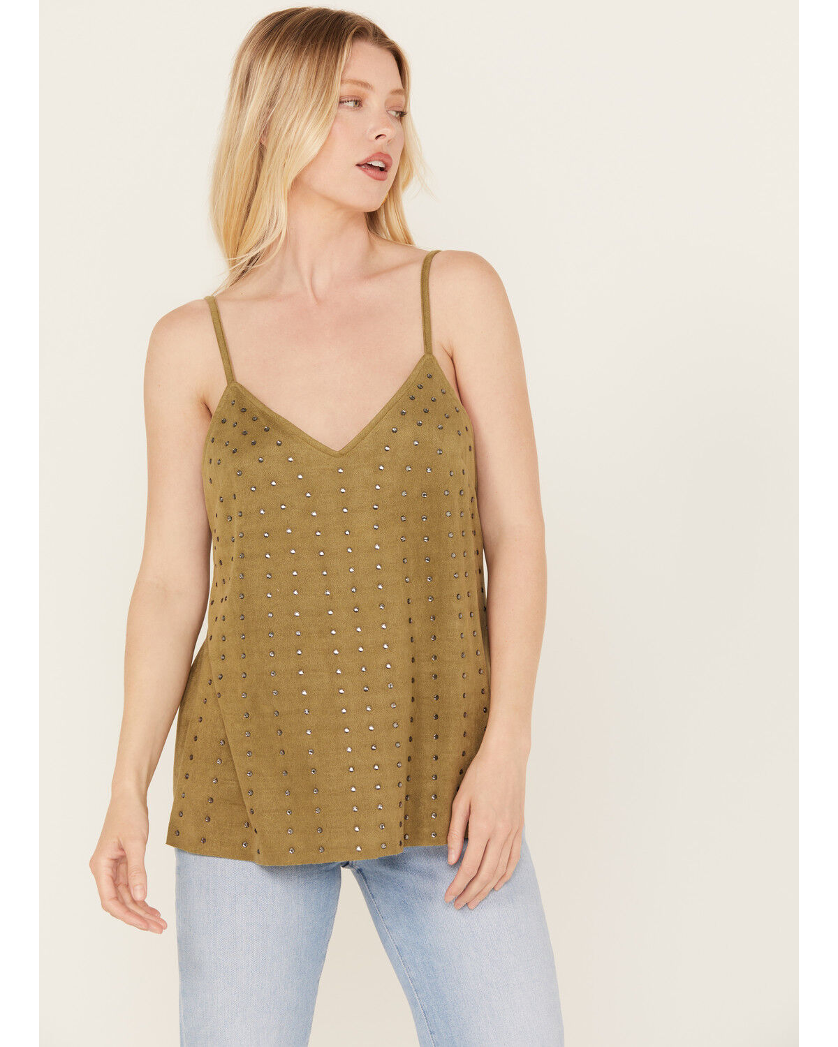 Image #1 - Vocal Women's Studded Faux Suede Cami Top, Olive, hi-res
