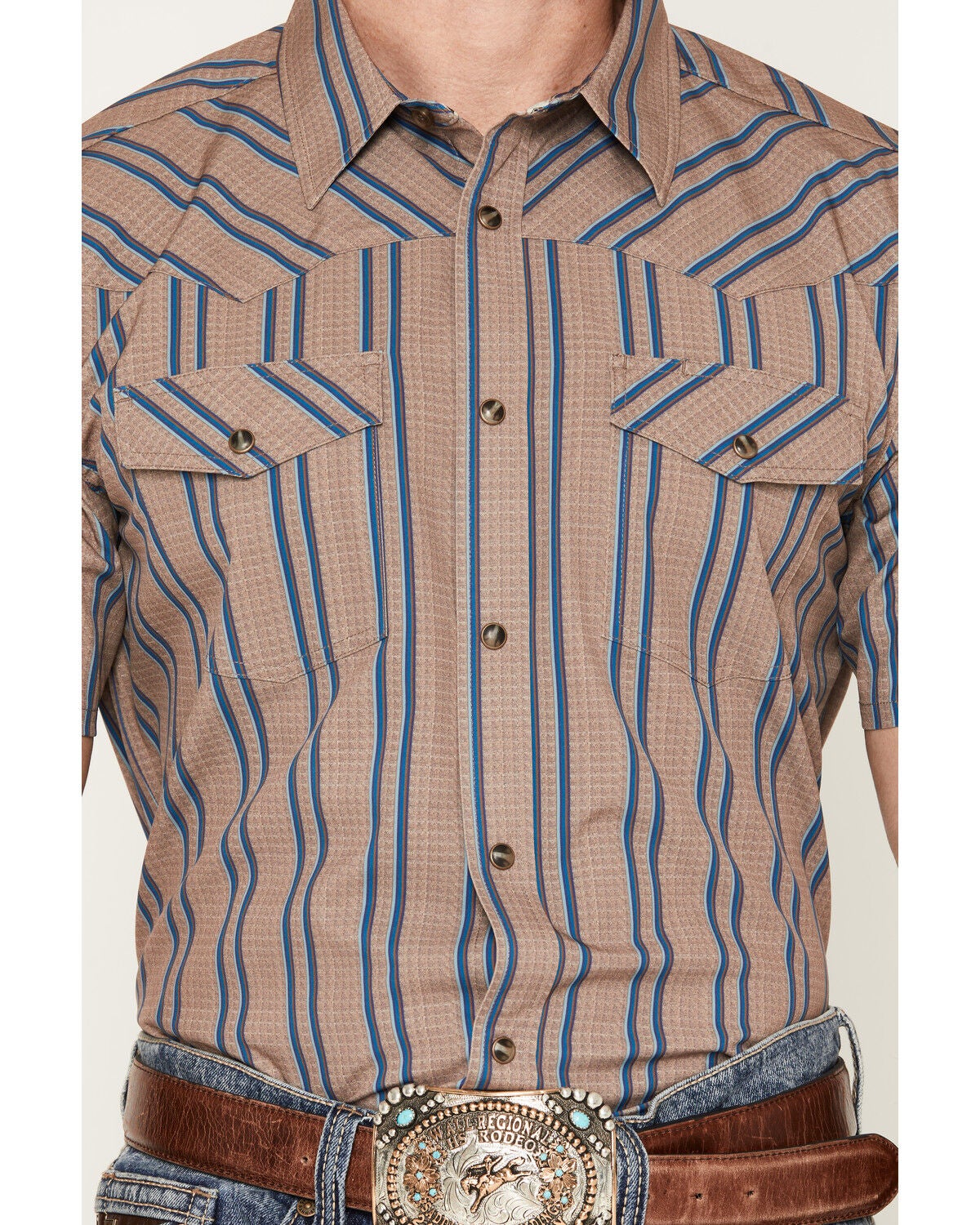 Image #3 - RANK 45&reg; Men's Horse Town Striped Short Sleeve Snap Stretch Western Shirt, Brown, hi-res