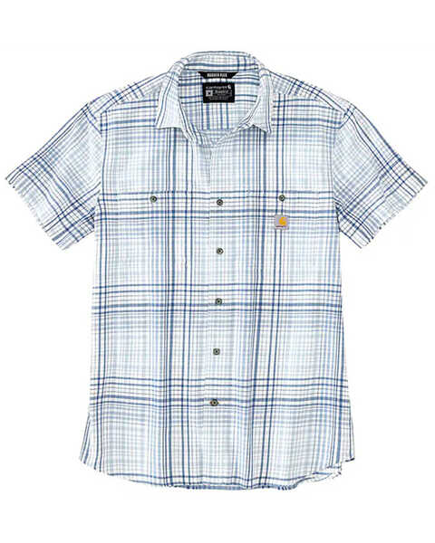 Carhartt Men's Rugged Flex Relaxed Fit Lightweight Plaid Print Short Sleeve Button-Down Stretch Work Shirt - Tall , Light Blue, hi-res