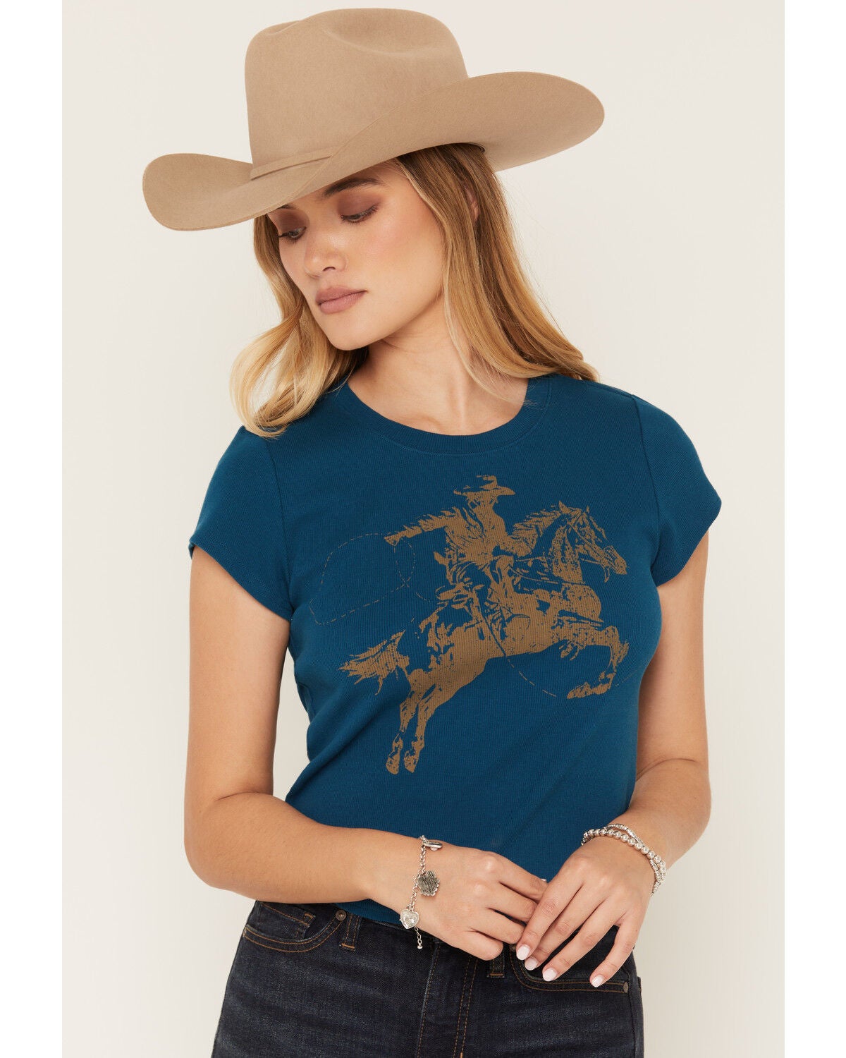 Image #1 - Shyanne Women's Ropin Cowboy Horse Ribbed Baby Tee, Navy, hi-res