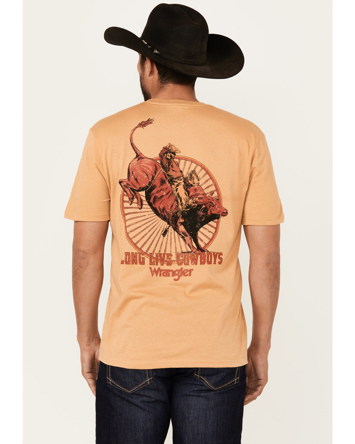 Image #2 - Wrangler Men's Boot Barn Exclusive Bucking Cowboy Short Sleeve Graphic T-Shirt, Gold, hi-res