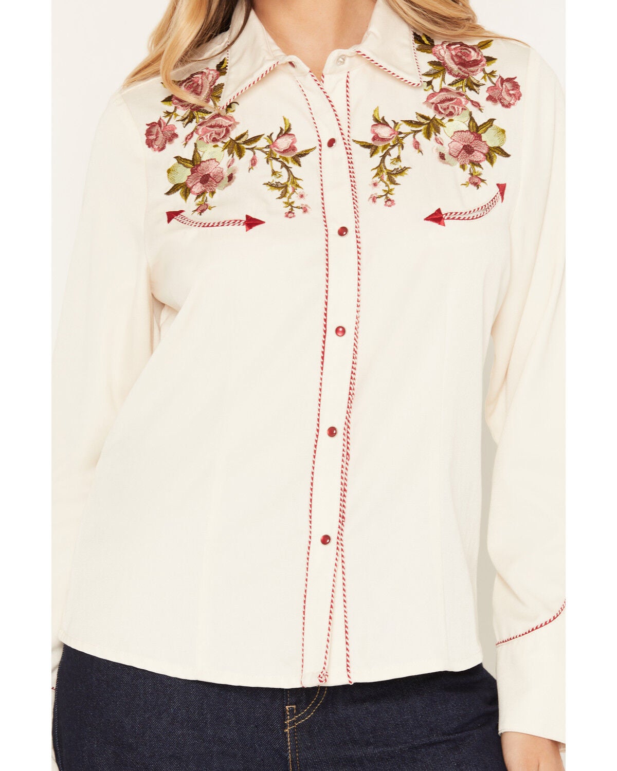 Image #3 - Scully Women's Rose Embroidered Long Sleeve Pearl Snap Western Shirt, Cream, hi-res