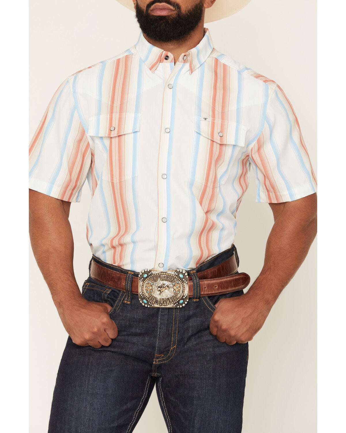 Image #3 - Ferrell Men's Tek Harrison Striped Print Short Sleeve Snap Performance Western Shirt, White, hi-res