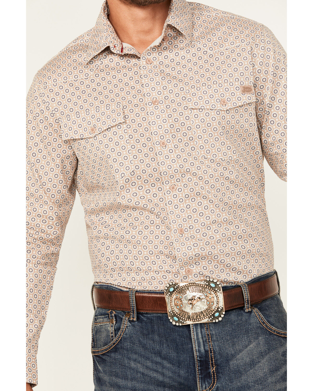 Image #3 - Justin Men's Boot Barn Exclusive Geo Print Long Sleeve Button-Down Stretch Western Shirt, Light Grey, hi-res