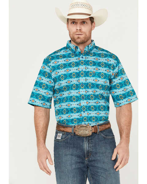 Ariat Men's Konner Classic Fit Button-Down Short Sleeve Button-Down Western Shirt, Turquoise, hi-res