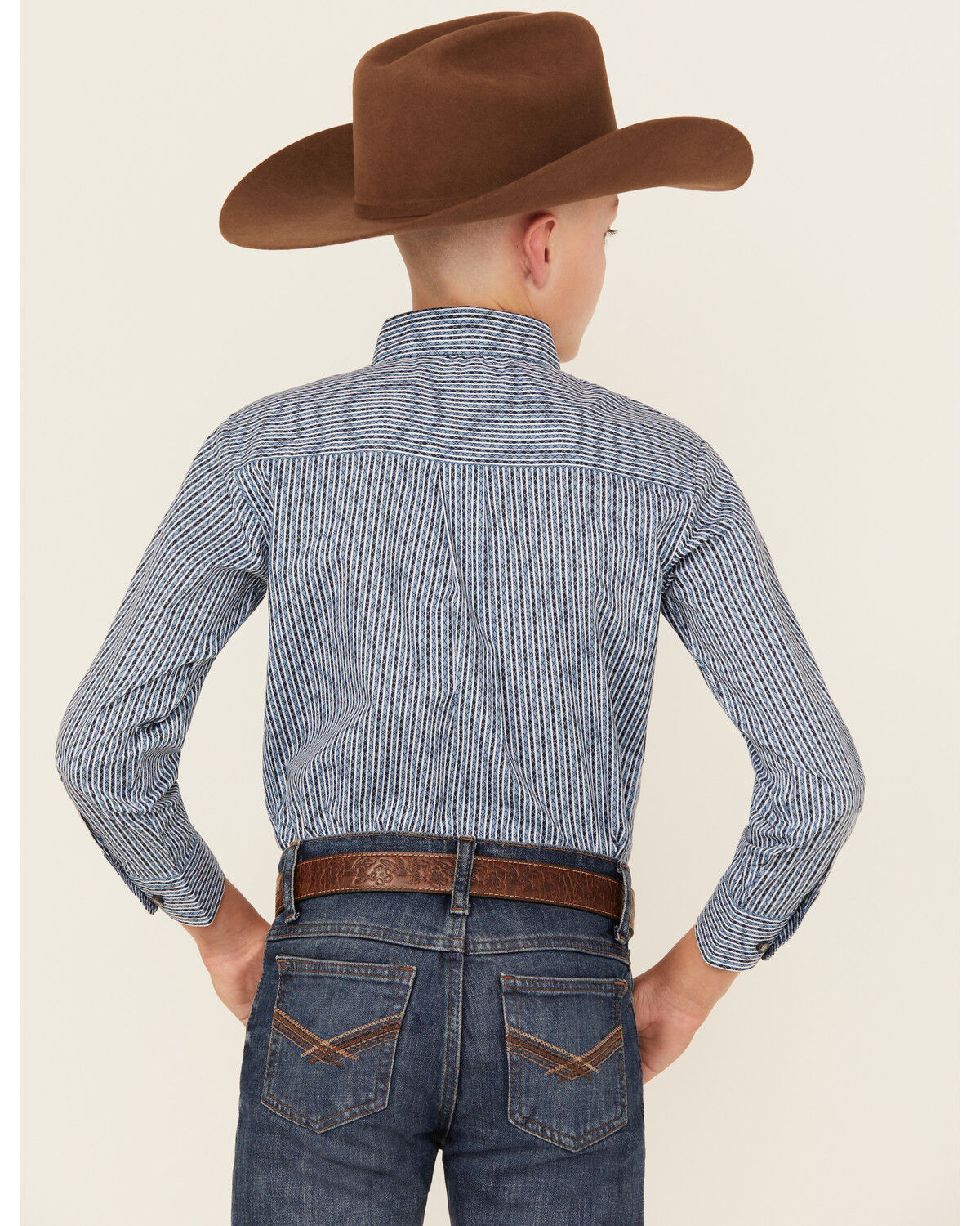 Image #4 - Wrangler Boys' Striped Long Sleeve Button-Down Western Shirt, Blue, hi-res