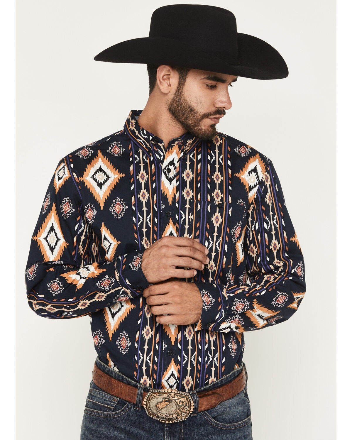 RANK 45&reg; Men's Ocean Tide Trail Southwestern Striped Long Sleeve Button-Down Stretch Western Shirt, Navy, hi-res
