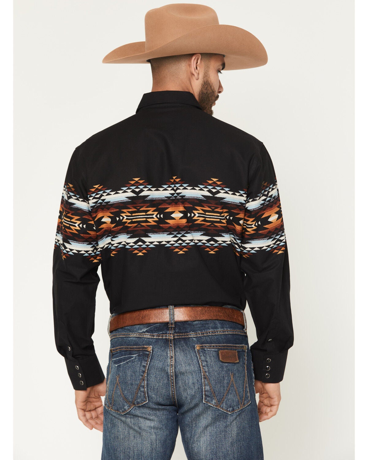 Image #4 - Panhandle Slim Men's Southwestern Border Long Sleeve Snap Western Shirt, Black, hi-res