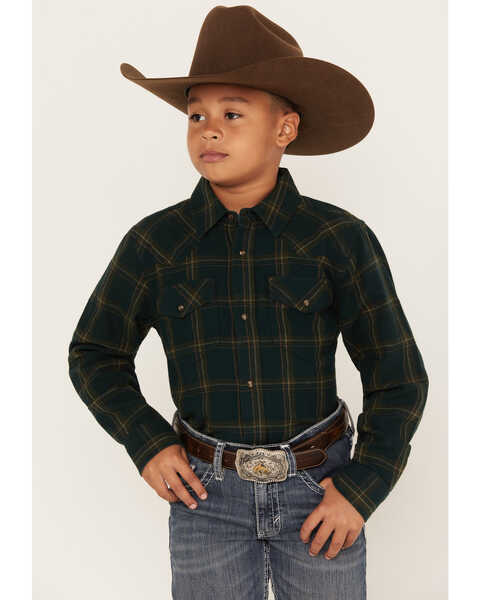 Image #1 - Cody James Boys' Plaid Print Long Sleeve Snap Western Flannel Shirt, Olive, hi-res