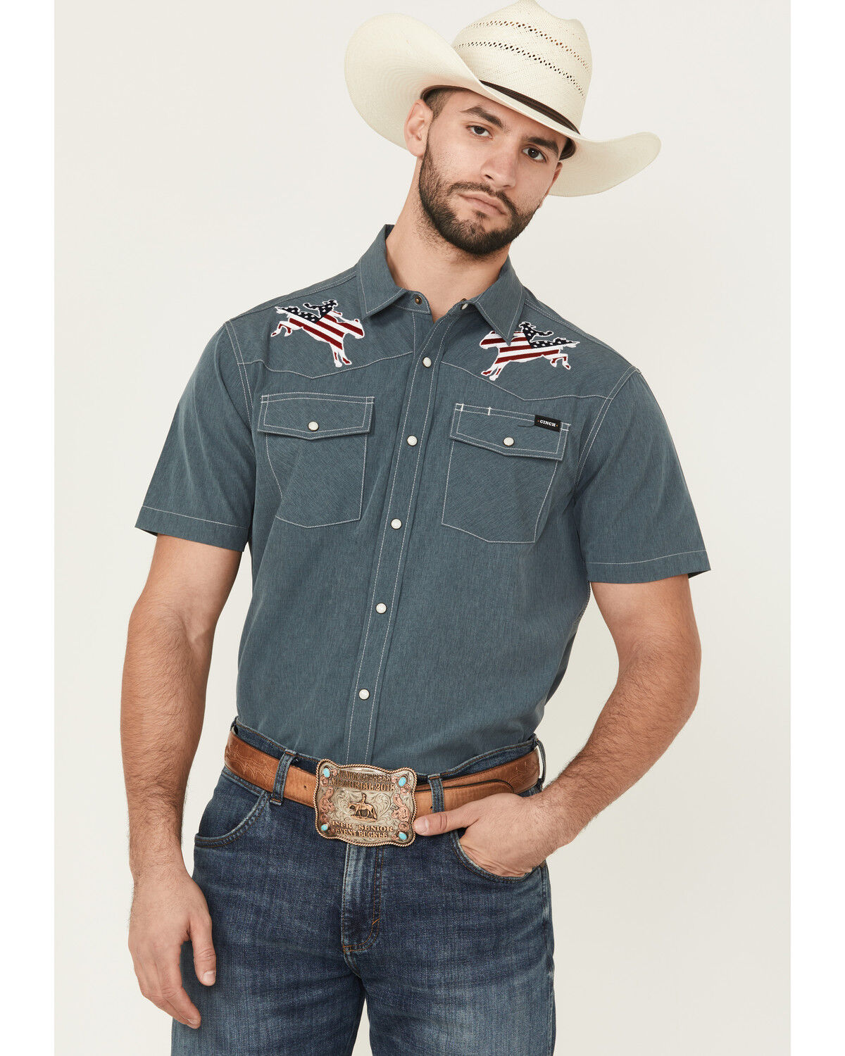 Image #1 - Cinch Men's Embroidered Americana Cowboy Short Sleeve Snap Western Shirt, Blue, hi-res