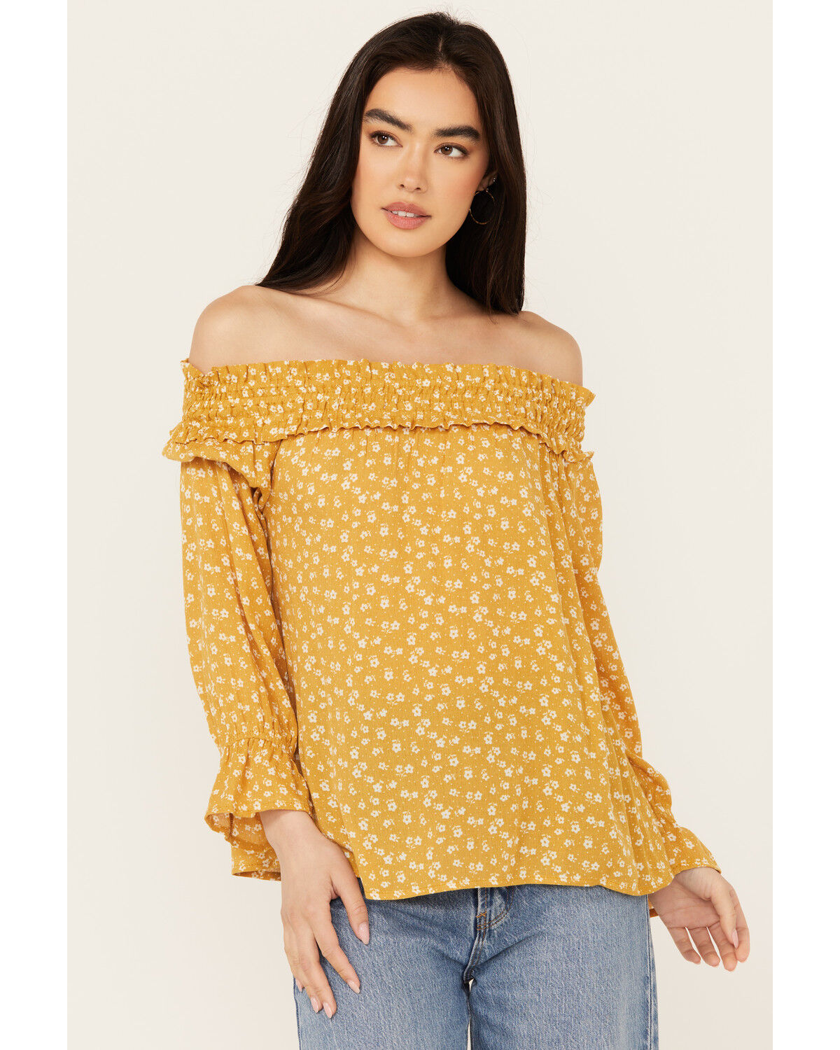 Image #1 - Wild Moss Women's Ditzy Floral Print Long Sleeve Off The Shoulder Shirt, Mustard, hi-res