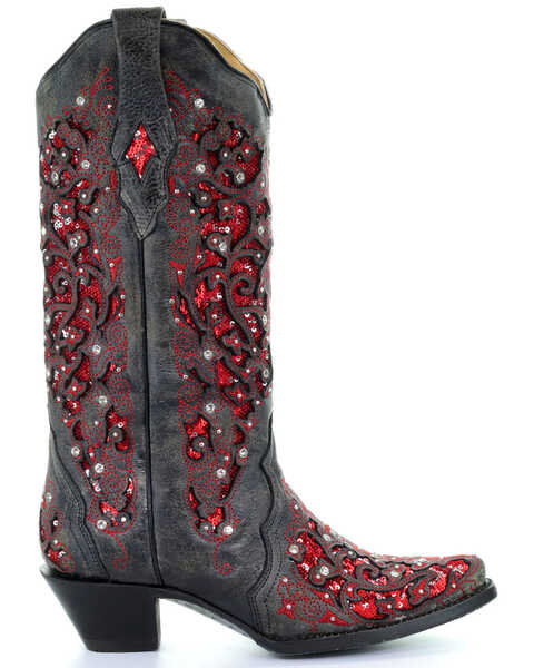 Image #2 - Corral Women's Crystal and Red Sequin Inlay Western Boots - Snip Toe, Black, hi-res