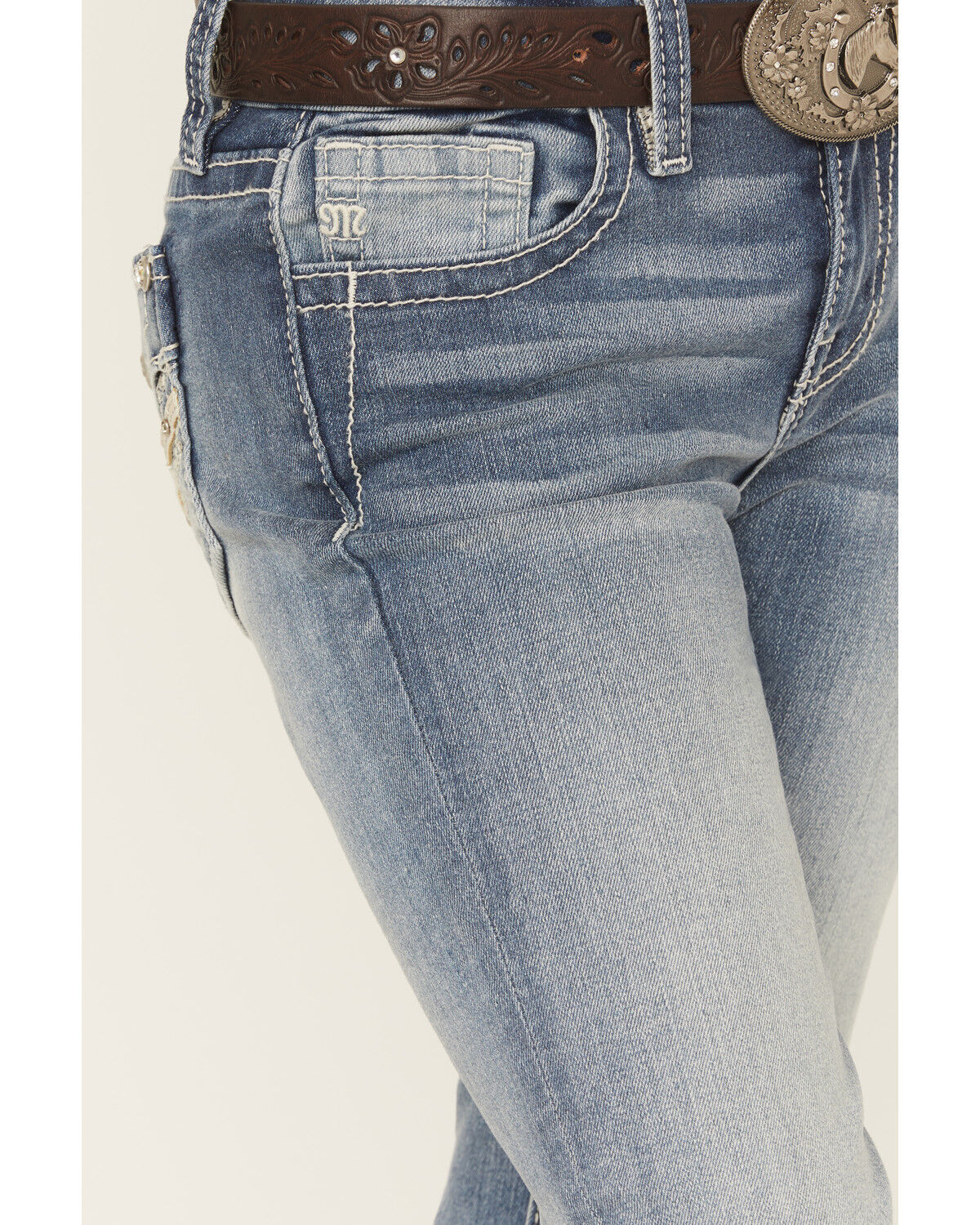 Image #4 - Miss Me Girls' Criss Cross Dark Wash Bootcut Stretch Denim Jeans, Medium Wash, hi-res