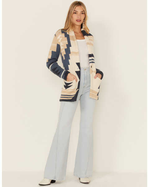 Pendleton Women's Sandshell & Navy Southwestern Graphic Wool Blend Cardigan  Sweater