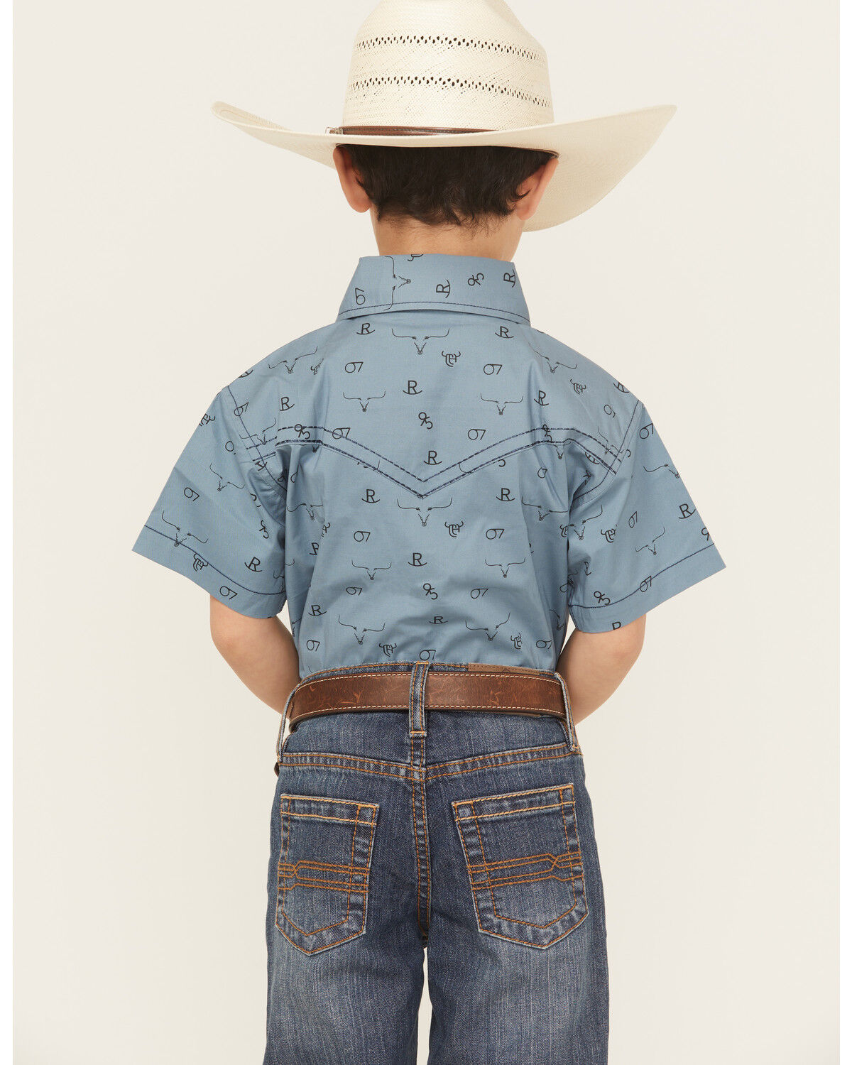 Image #4 - Cowboy Hardware Boys' Branding Iron Short Sleeve Snap Western Shirt, Blue, hi-res