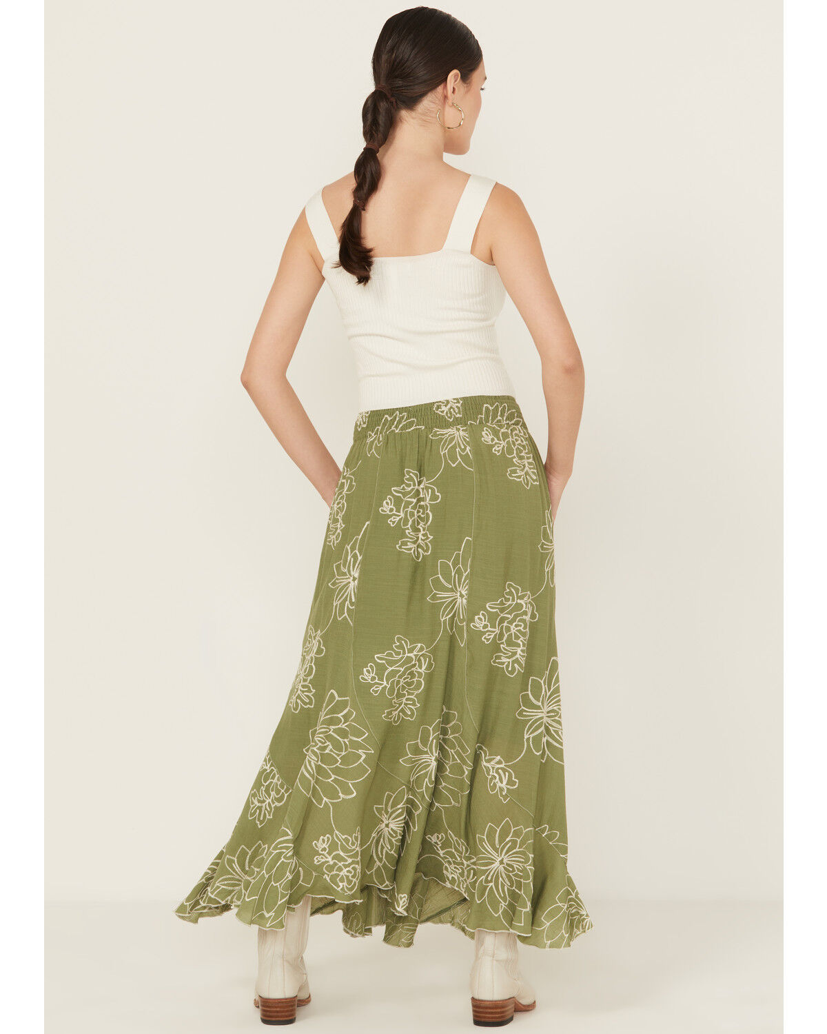 Image #3 - Wild Moss Women's Embroidered Midi Skirt, Olive, hi-res