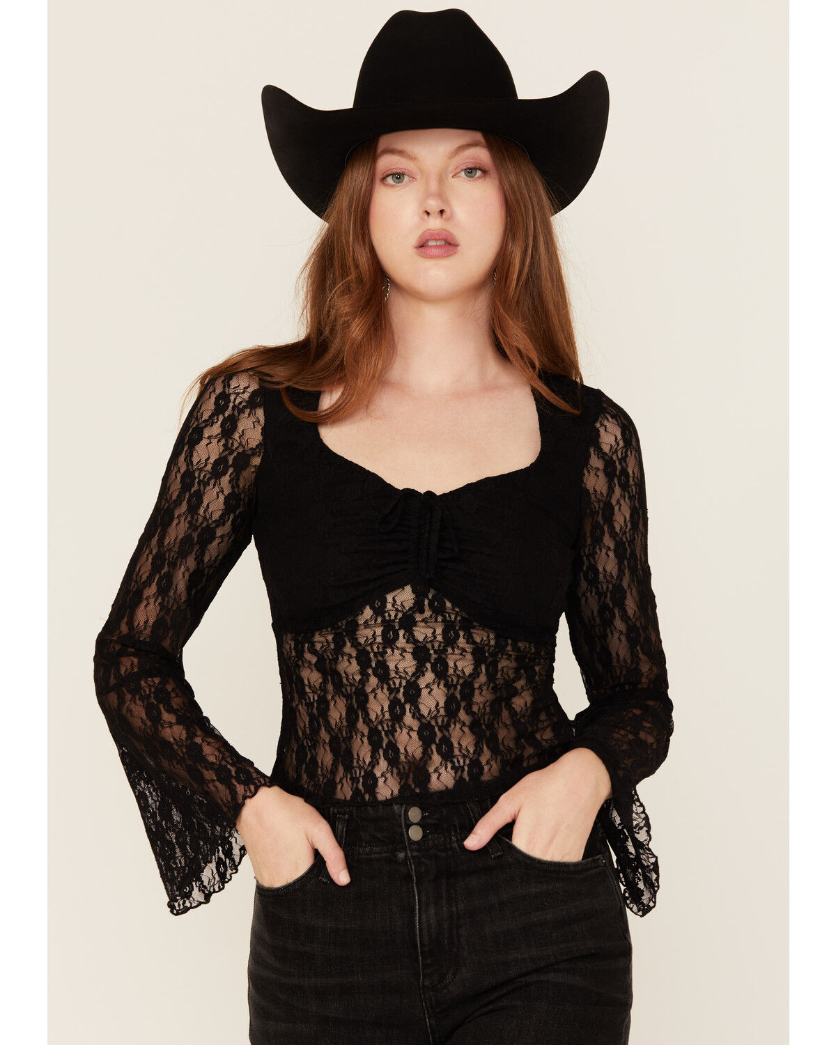 Image #1 - Ash & Violet Women's Lace Bell Long Sleeve Top, Black, hi-res