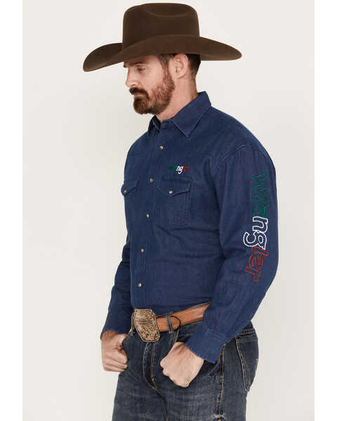 Image #2 - Wrangler Men's Mexico Flag Embroidered Logo Long Sleeve Western Snap Shirt, Indigo, hi-res