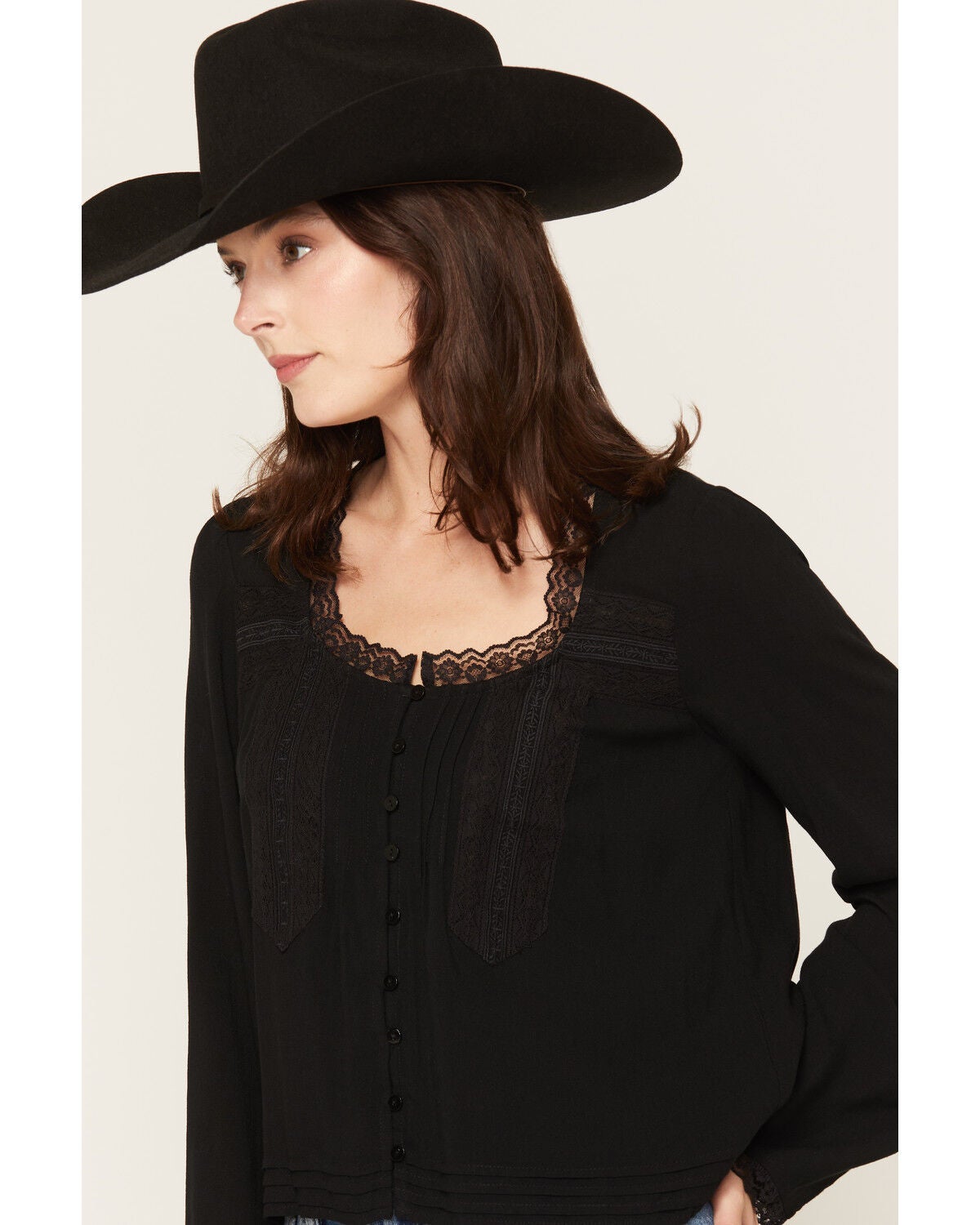 Image #2 - Lovestitch Women's Long Sleeve Lace Trim Top, Black, hi-res