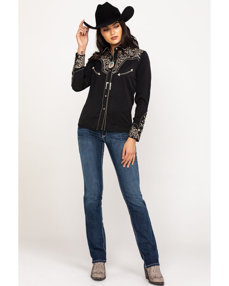 Scully Women's Scroll Embroidered Long Sleeve Western Shirt, Black/tan, hi-res