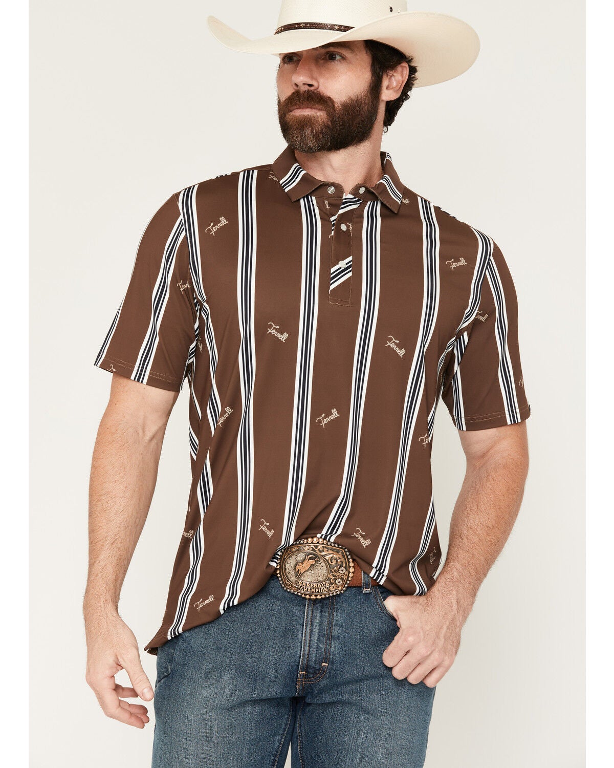 Ferrell Men's Rhett Striped Print Short Sleeve Snap Stretch Polo Shirt, Brown, hi-res