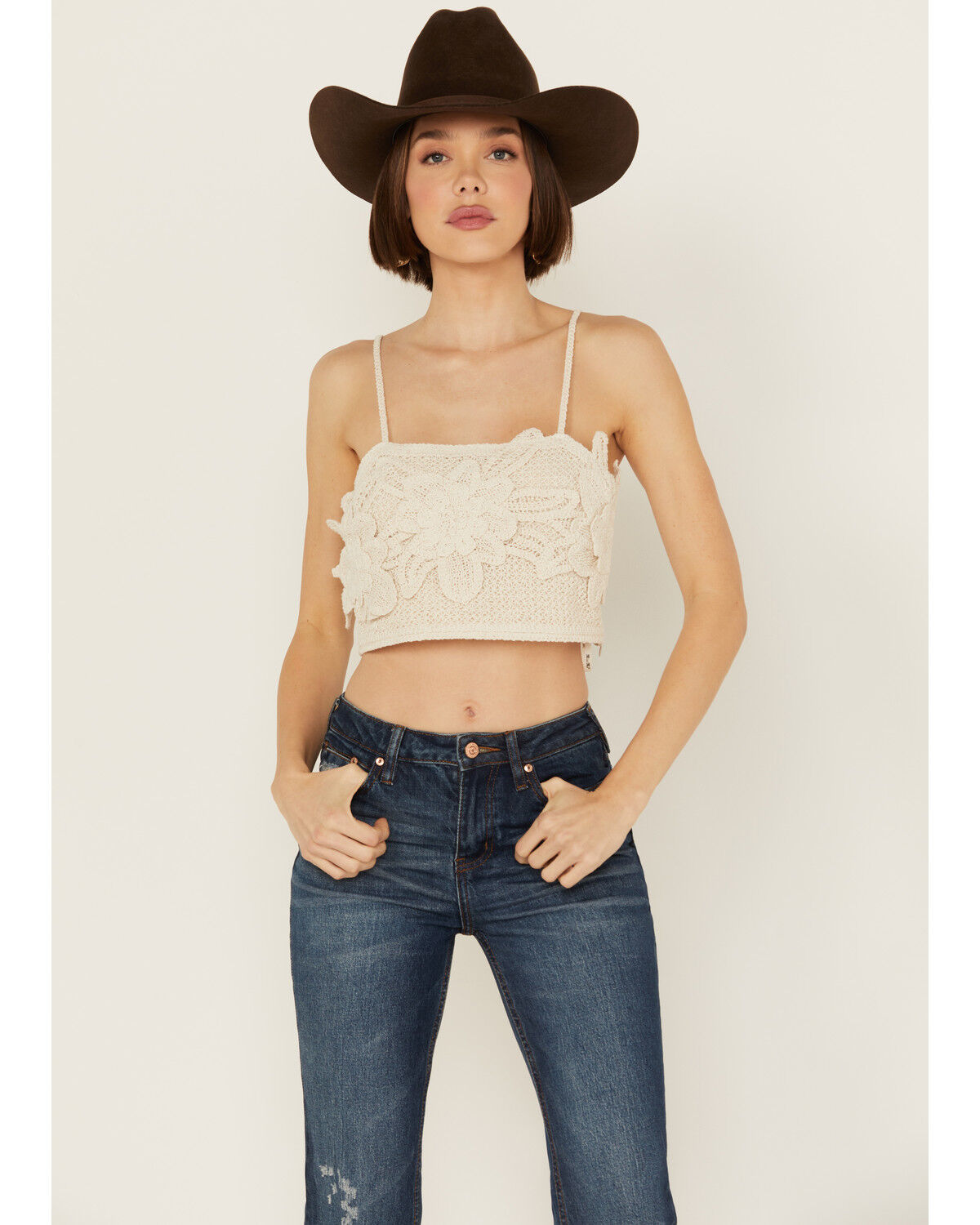 Image #1 - Miss Me Women's Flower Embellished Cropped Tank, Cream, hi-res