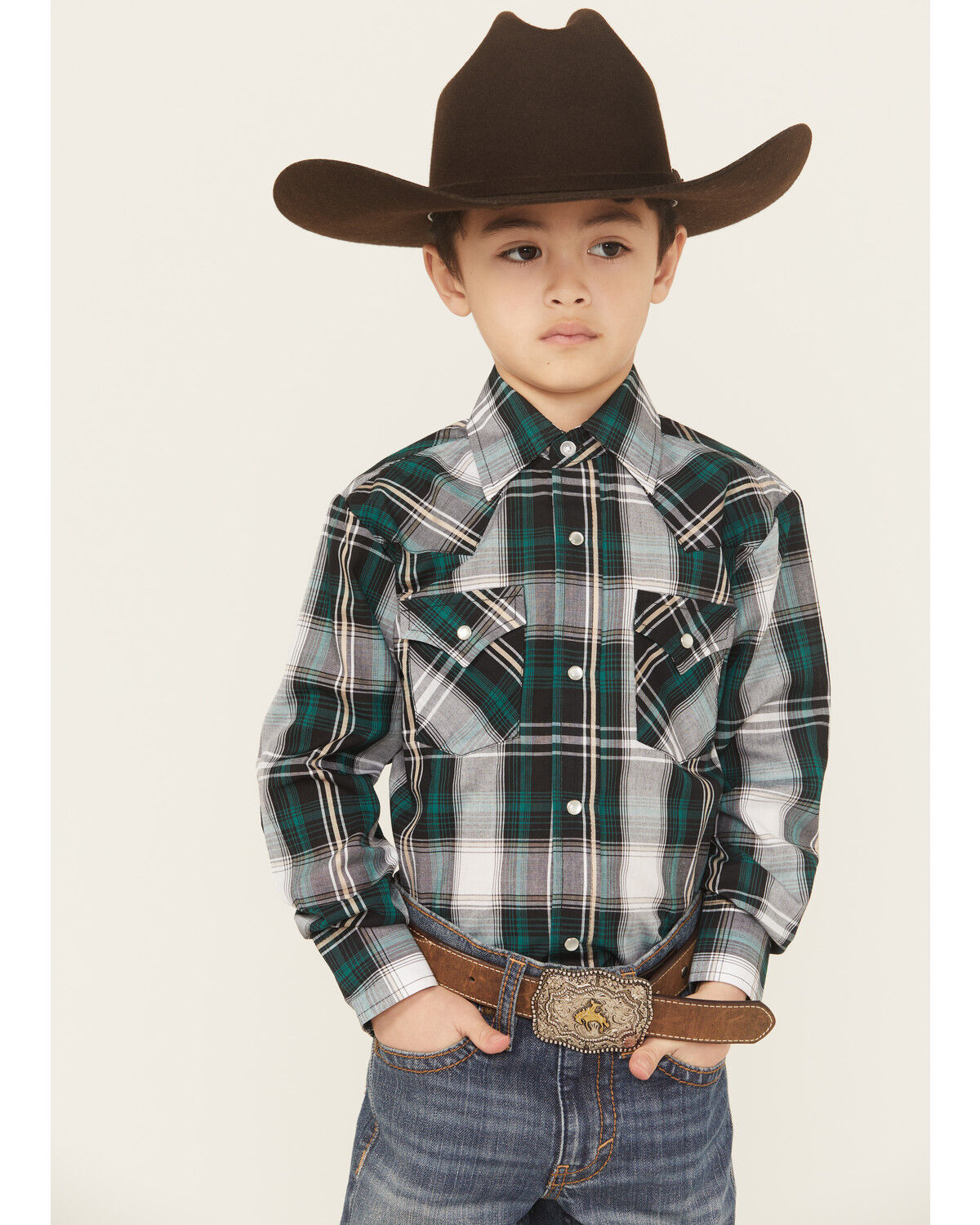 Image #1 - Ely Walker Boys' Plaid Print Long Sleeve Pearl Snap Western Shirt, Green, hi-res