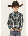 Image #1 - Ely Walker Boys' Plaid Print Long Sleeve Pearl Snap Western Shirt, Green, hi-res