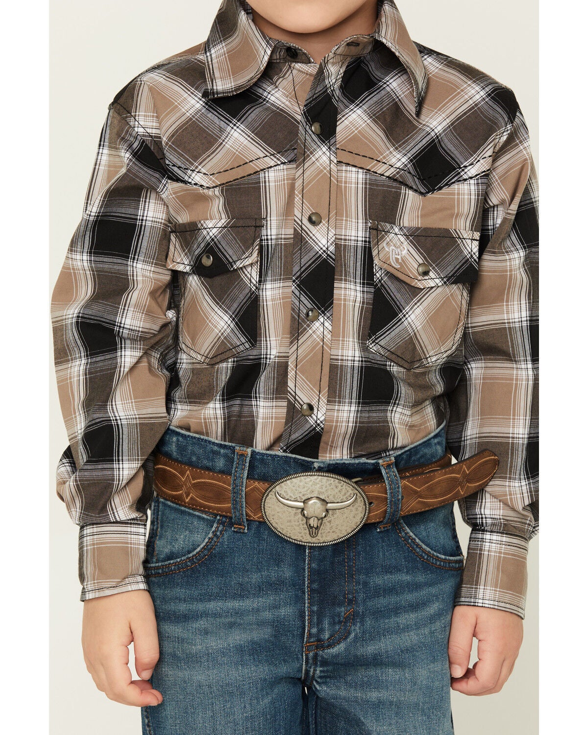 Image #3 - Cowboy Hardware Boys' Hombre Plaid Print Long Sleeve Snap Stretch Western Shirt, Multi, hi-res