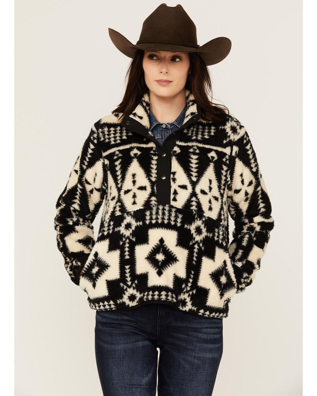 Image #2 - Ariat Women's Berber Southwestern Print Sherpa Pullover, Black, hi-res