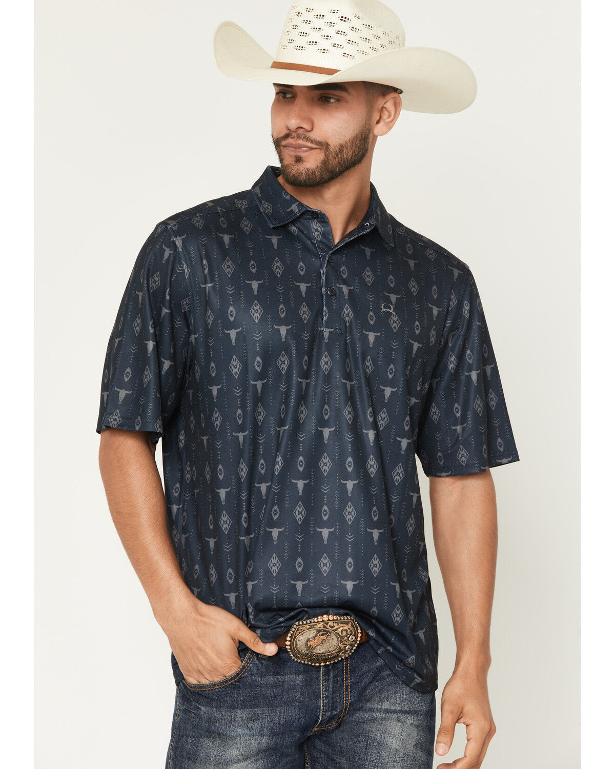 Image #1 - Cinch Men's Steerhead Print Short Sleeve Button-Down Stretch Polo, Navy, hi-res