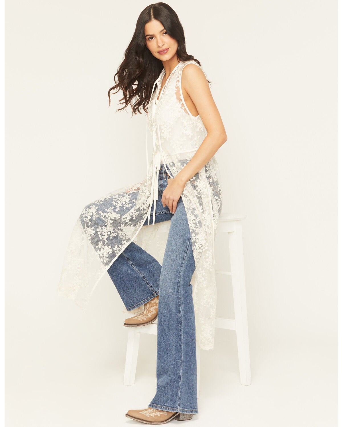 Listicle Women's Sleeveless Floral Lace Tie Front Kimono, Ivory, hi-res
