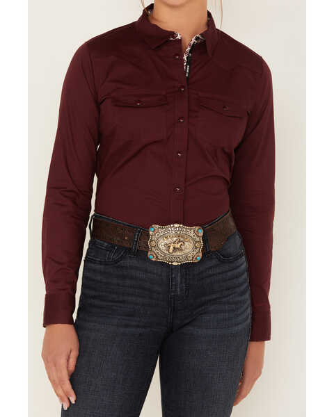 Image #3 - RANK 45® Women's Heritage Solid Long Sleeve Snap Stretch Riding Shirt, Burgundy, hi-res