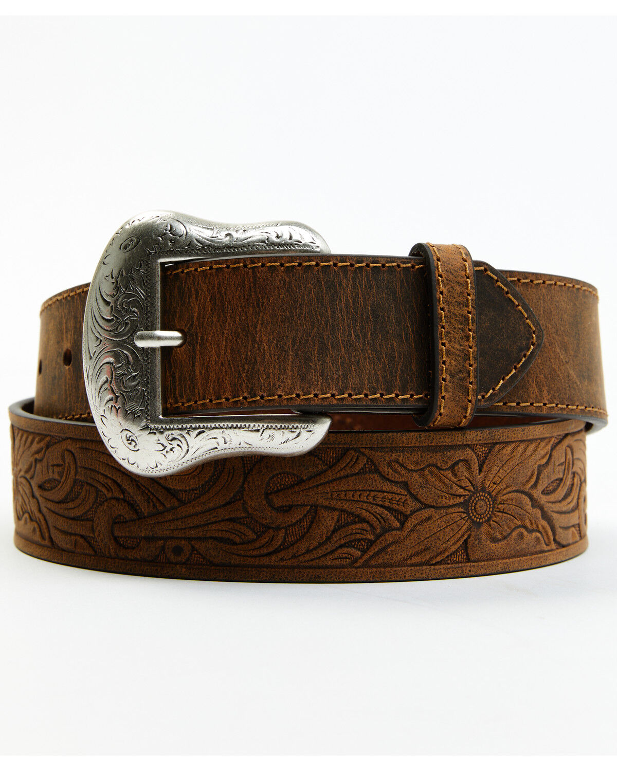 Image #1 - Cody James Men's Floral Embossed Leather Belt, Brown, hi-res
