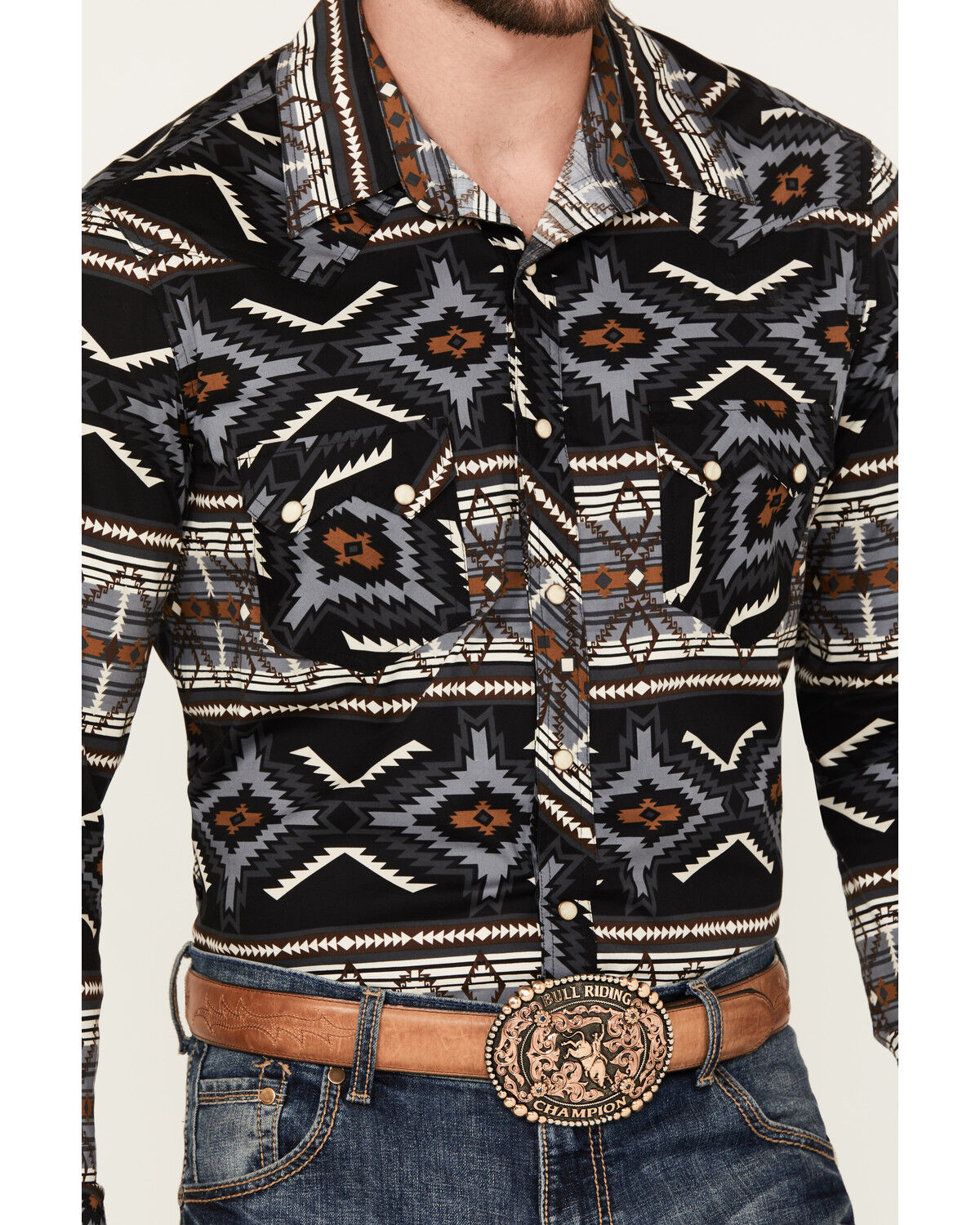Image #3 - Rock & Roll Denim Men's Southwestern Print Stretch Long Sleeve Snap Western Shirt, Charcoal, hi-res