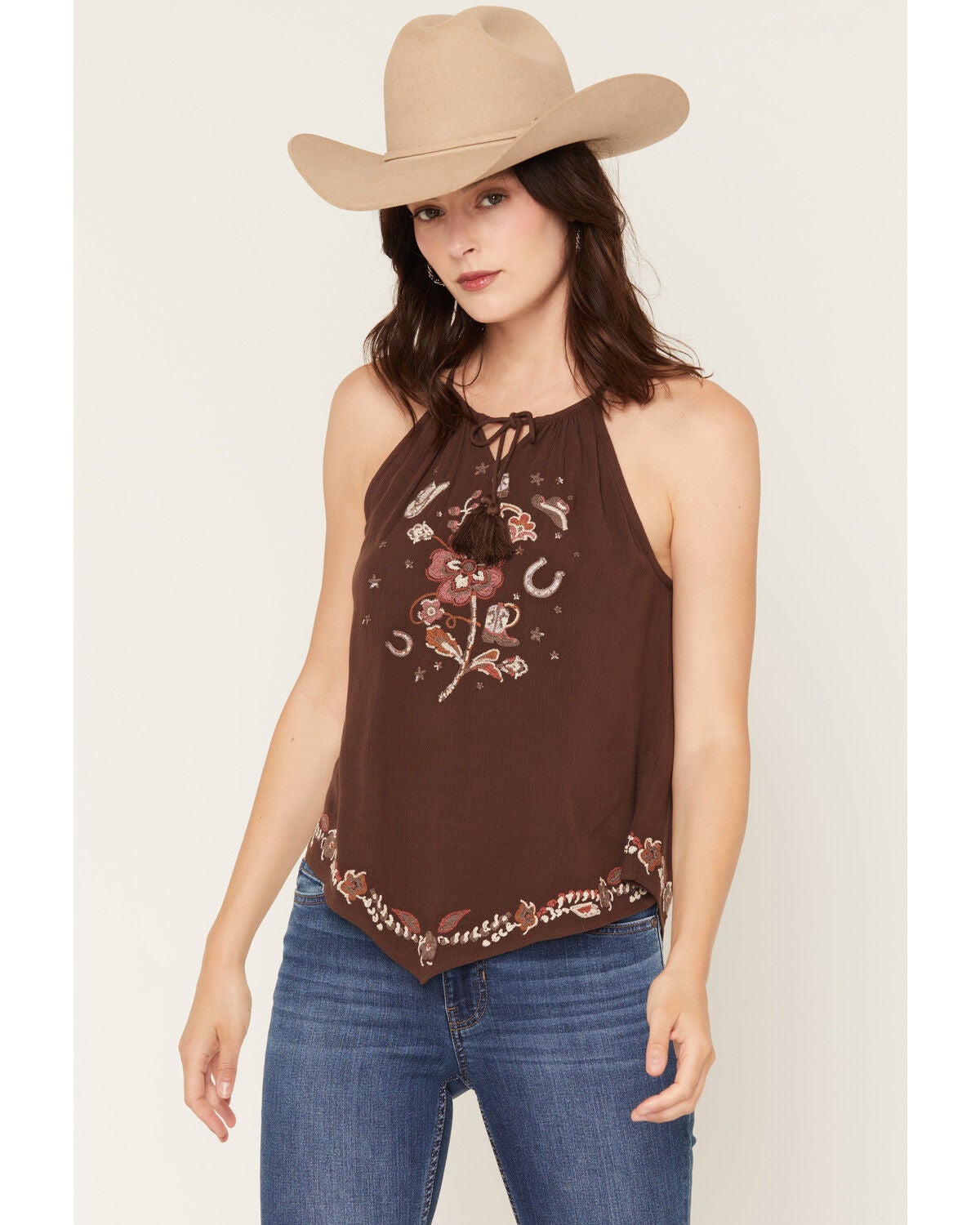 Shyanne Women's Rosetta Embroidered Halter Tank, Cognac, hi-res
